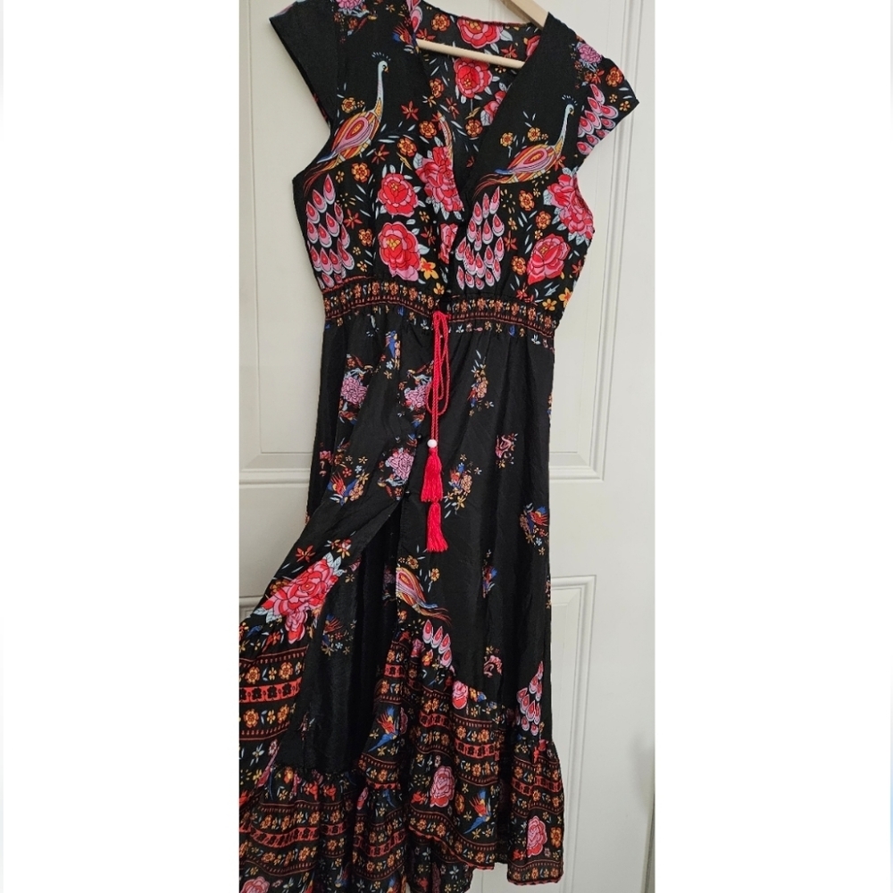 Wish V-Neck Peacock Floral Print Flare Sleeve Bohemian cotton blend Dress size S - Picture 8 of 13